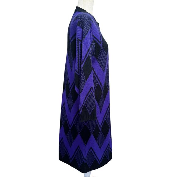 Vintage 1980s Limited Express Sweater Dress Purple Black Chevron Argyle Knit - Picture 4 of 6